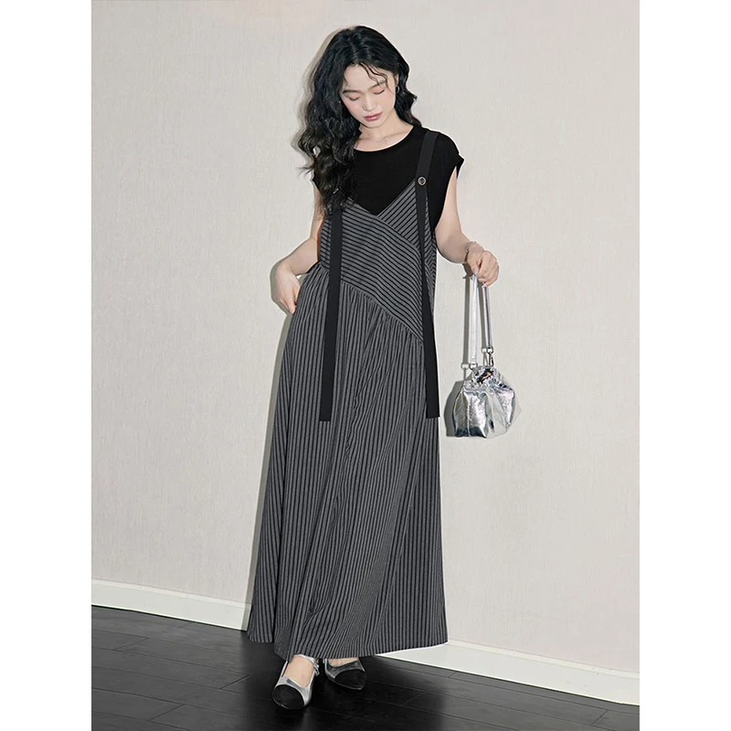 2025夏季新款法式条纹格雷系穿搭背带连体裤休闲宽松阔腿裤子女装