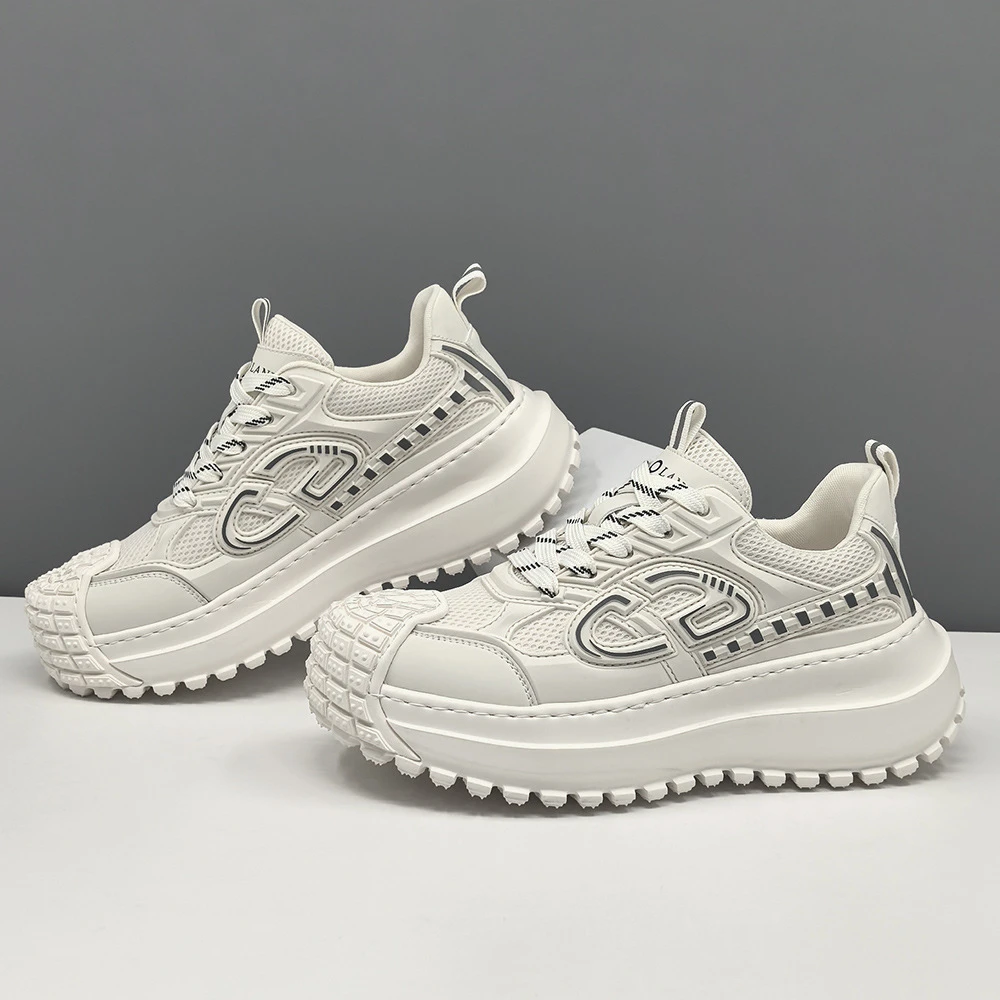 男鞋新款时尚潮流透气网面休闲鞋轻便低帮厚底系带软底百搭运动鞋