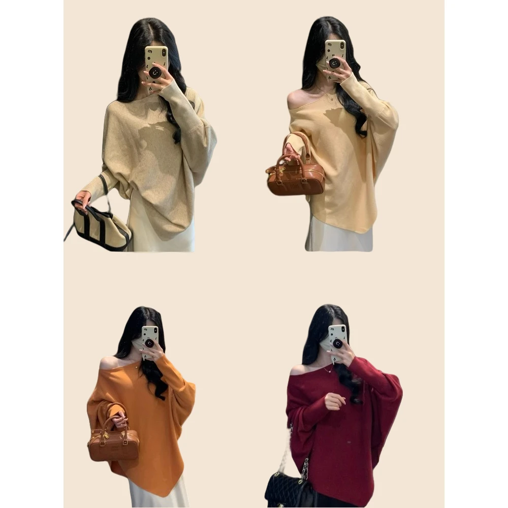 【高品质】慵懒松弛感蝙蝠袖针织衫长袖女秋冬软糯宽松显瘦斜肩上衣
