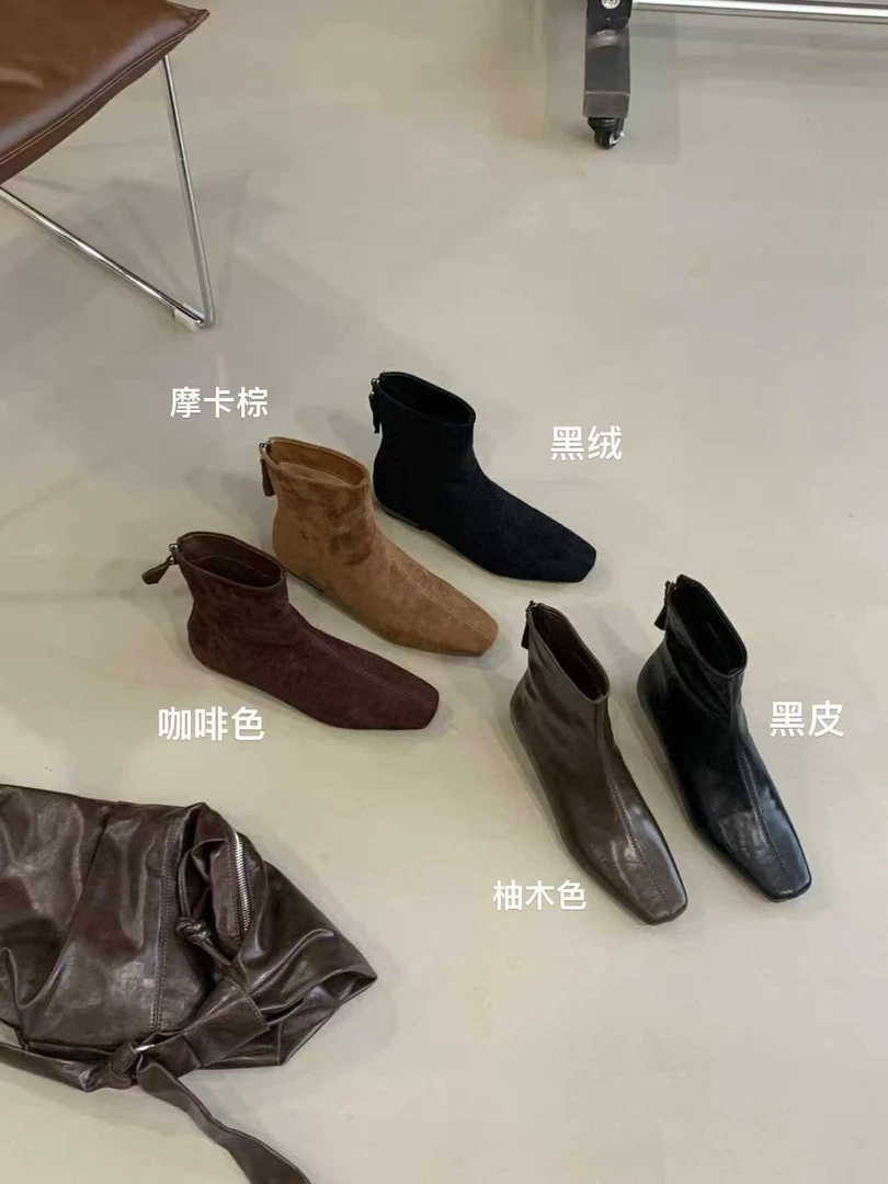 2025秋季新款韩版低跟踝靴女方头瘦瘦靴时尚后拉链短筒气质时装靴