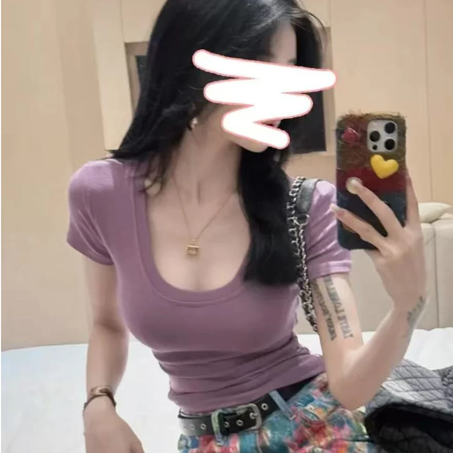 2025夏季新款辣妹纯色短款正肩U领短袖T恤女时尚百搭显瘦修身上衣