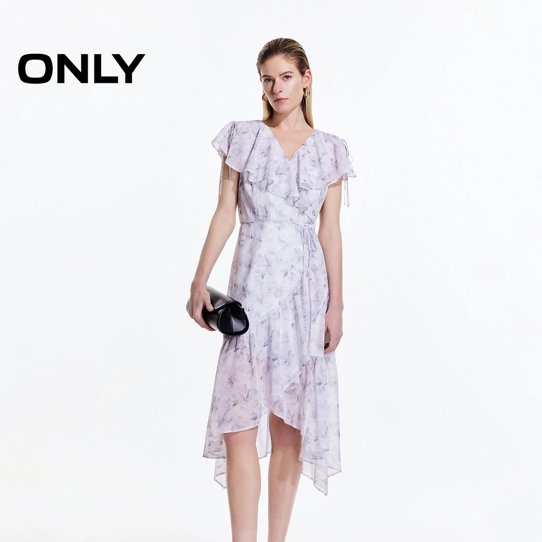 ONLY夏季法式荷叶边V领中长款连衣裙女纯欲慵懒风女装|125107043