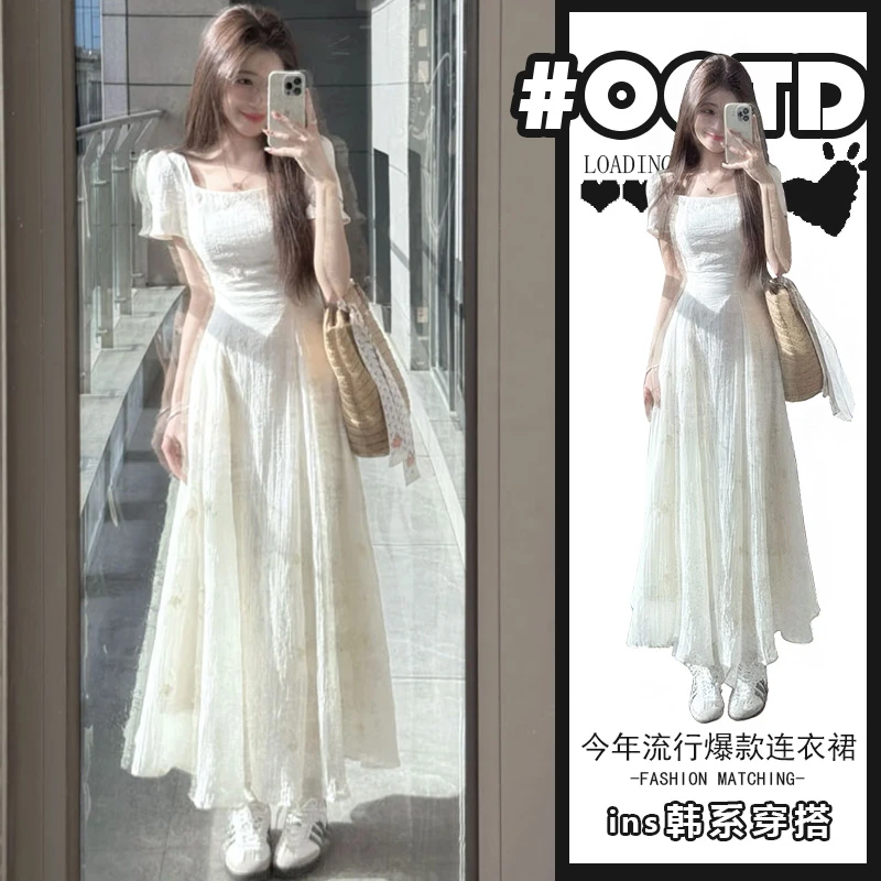 夏季新款清纯可爱少女感收腰绝美长裙女法式初恋白色方领连衣裙潮