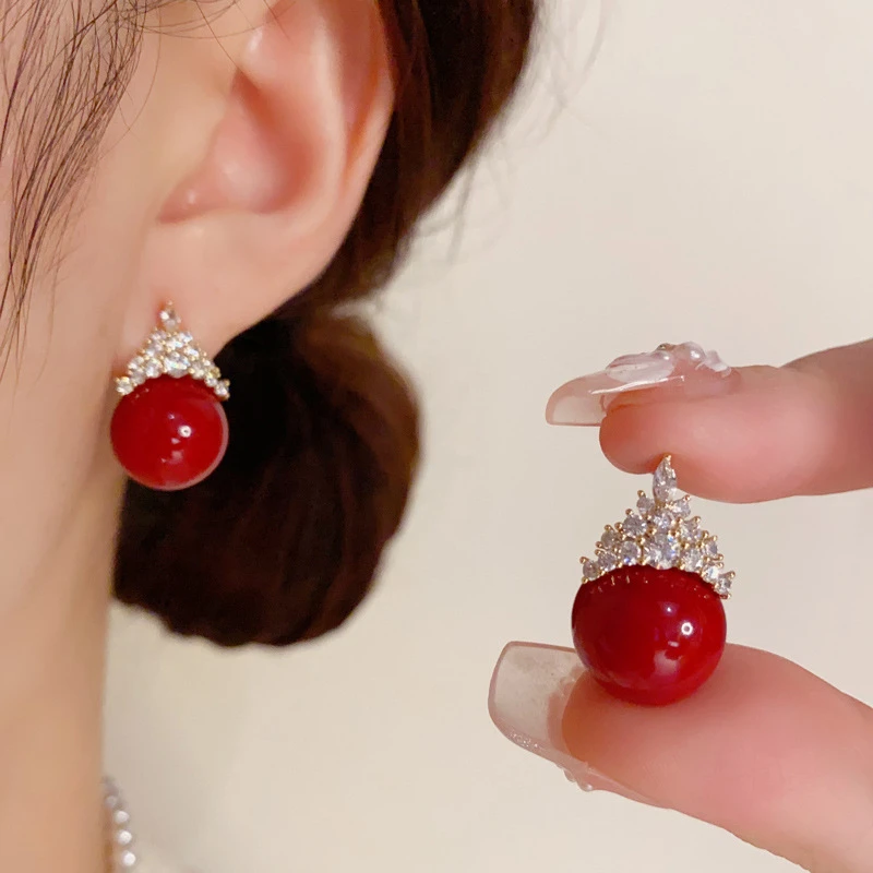 铜合金锆石耳饰 日韩精致时尚超闪微镶锆石皇冠珠珠耳钉红色