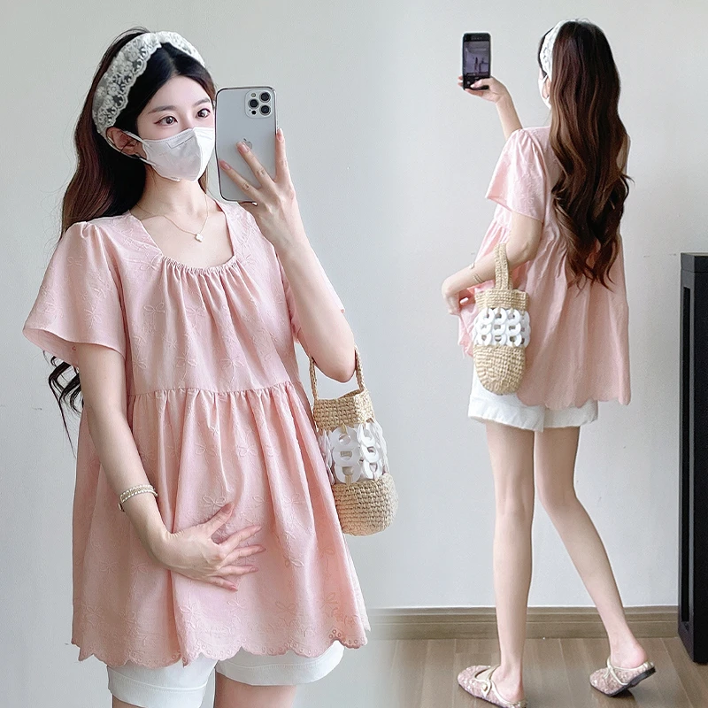 【晴晴】孕妇上衣夏季2025新款时尚宽松显瘦百搭刺绣娃娃衫孕妇夏装