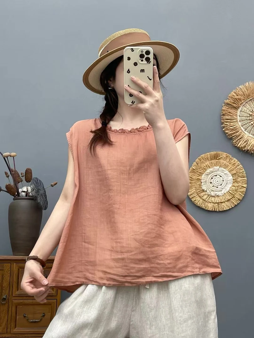 6579 [100%进口苎麻]木耳领宽松无袖显瘦时尚休闲夏季文艺纯色