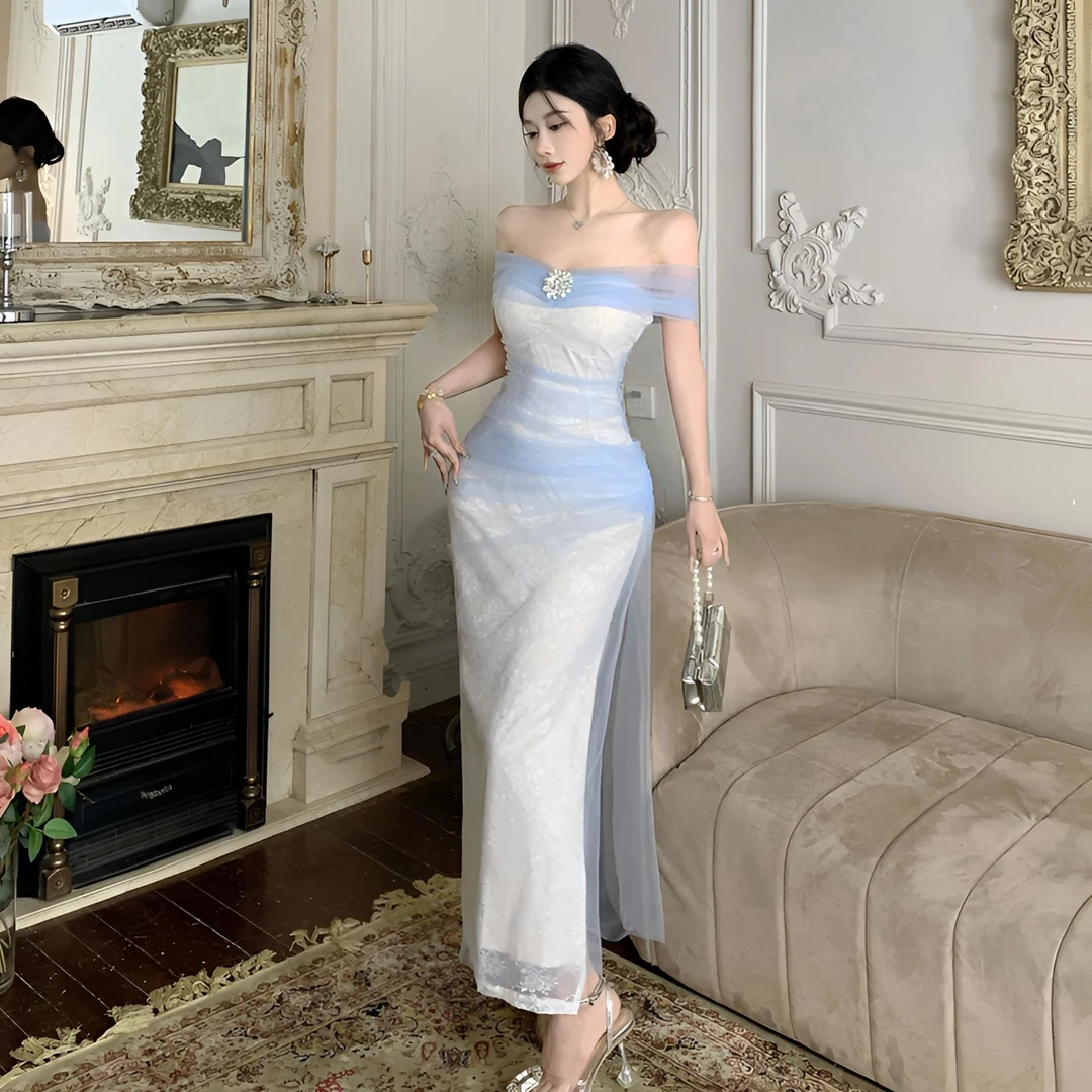 法式复古高级感气质包臀裙纯欲风性感夏季一字肩蕾丝拼网纱连衣裙