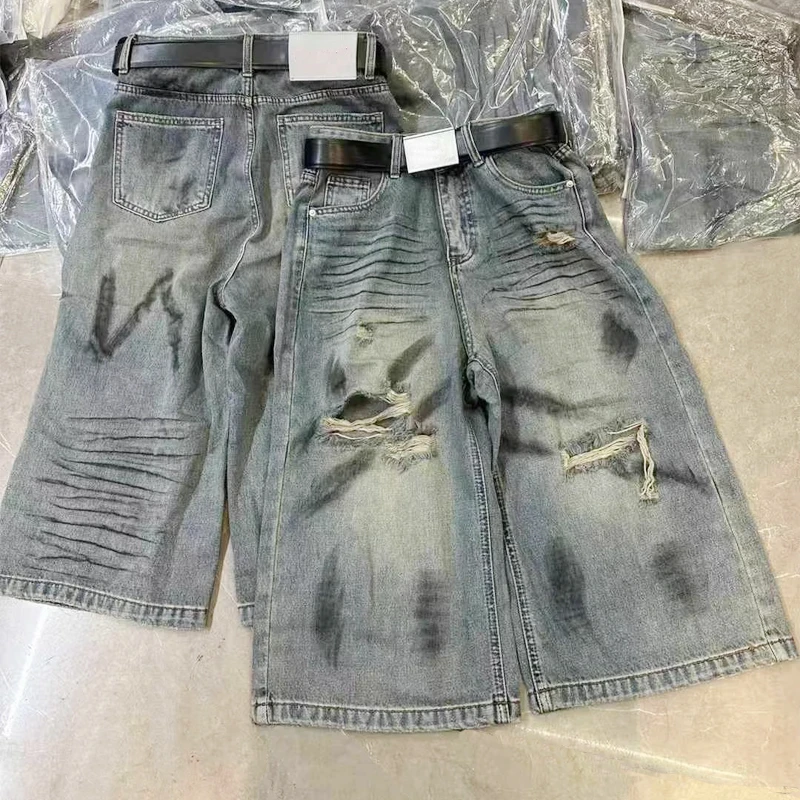 2025夏季新款复古显瘦磨破阔腿牛仔5分中裤女时髦洋气百搭七分裤