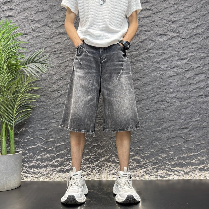 闪电纹纯色黑色大直筒宽松阔腿五分短裤夏季做旧男士阔腿牛仔短裤