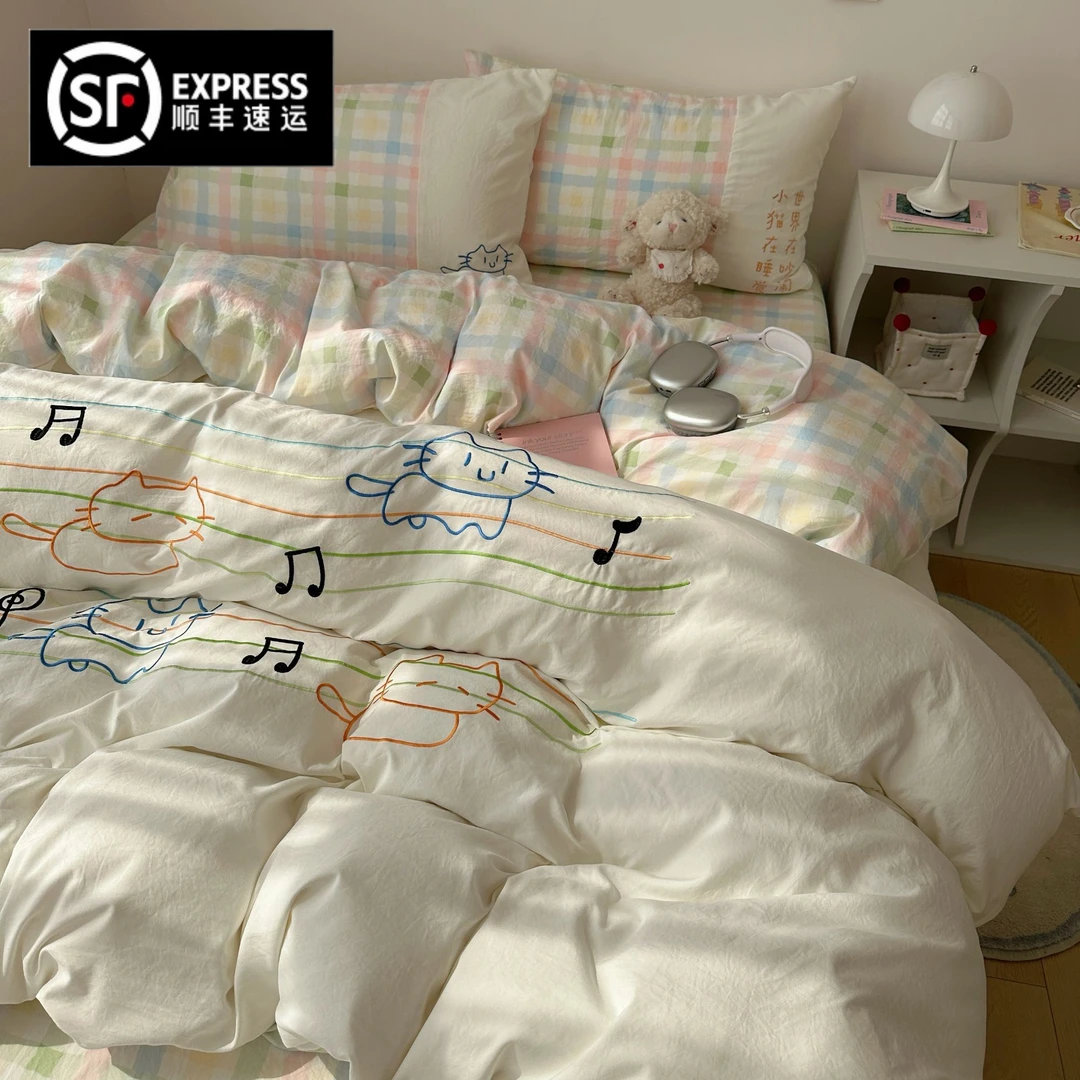 猫咪日记少女心混搭乐谱小猫水洗棉磨毛四件套三件套学生宿舍