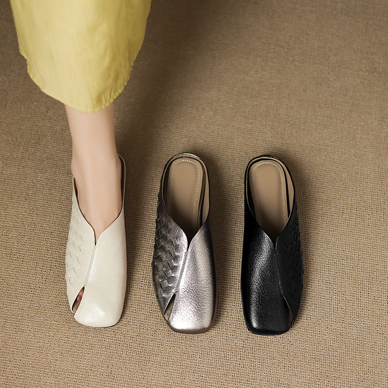 【工厂价】3cm,夏季新款真皮包头半拖女百搭内增高中跟透气凉拖鞋