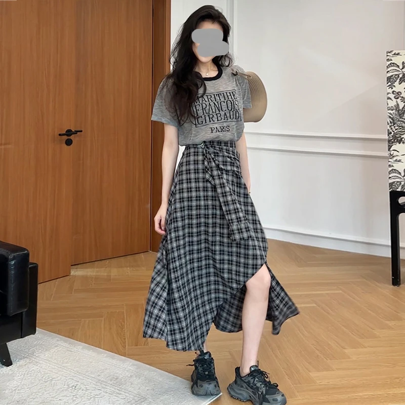 巨好看的夏天套装女2025新款高级感字母短袖T恤+格子半身裙两件套