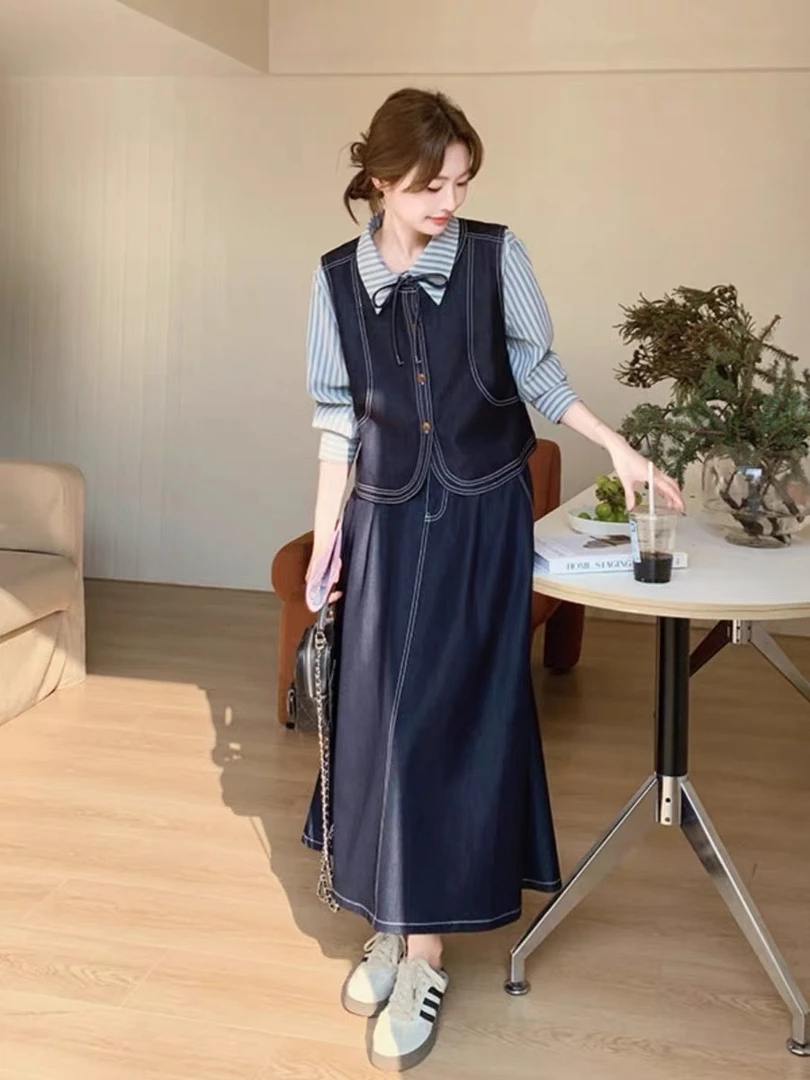 2025大码女装休闲法式静奢风通勤时尚气质衬衫马甲半身裙三件套