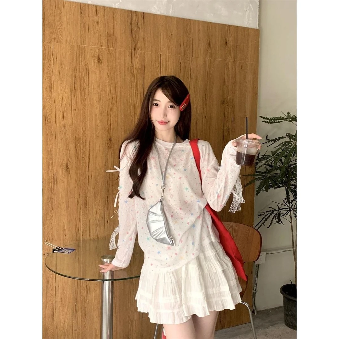 夏季甜辣小个子长袖小香风蝴蝶结星星印花套头少女罩衫内外穿上衣