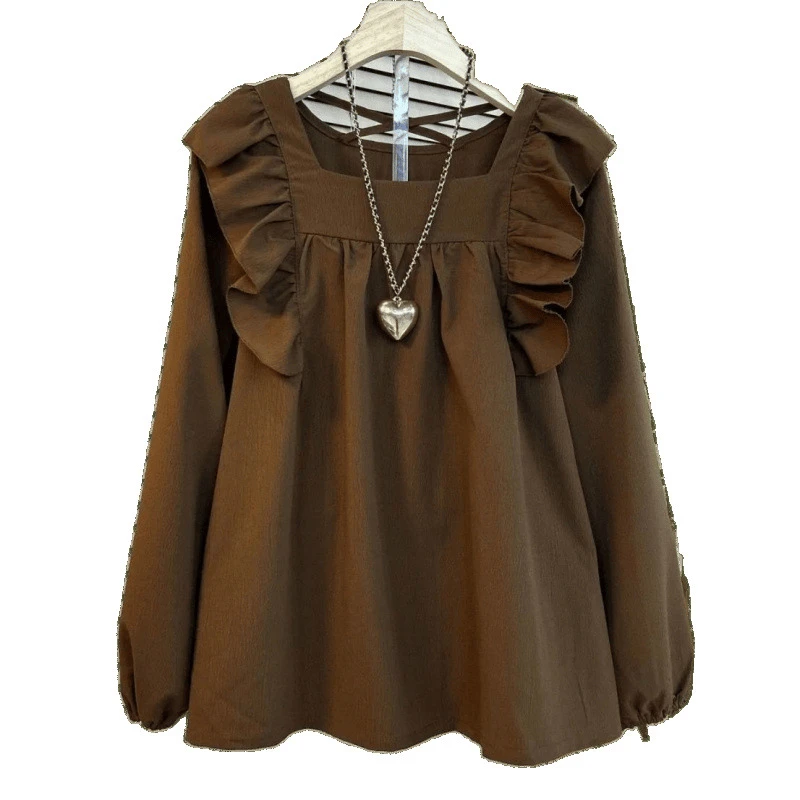 2024春季新款大码女装名媛荷叶边方领美背性感宽松设计感衫