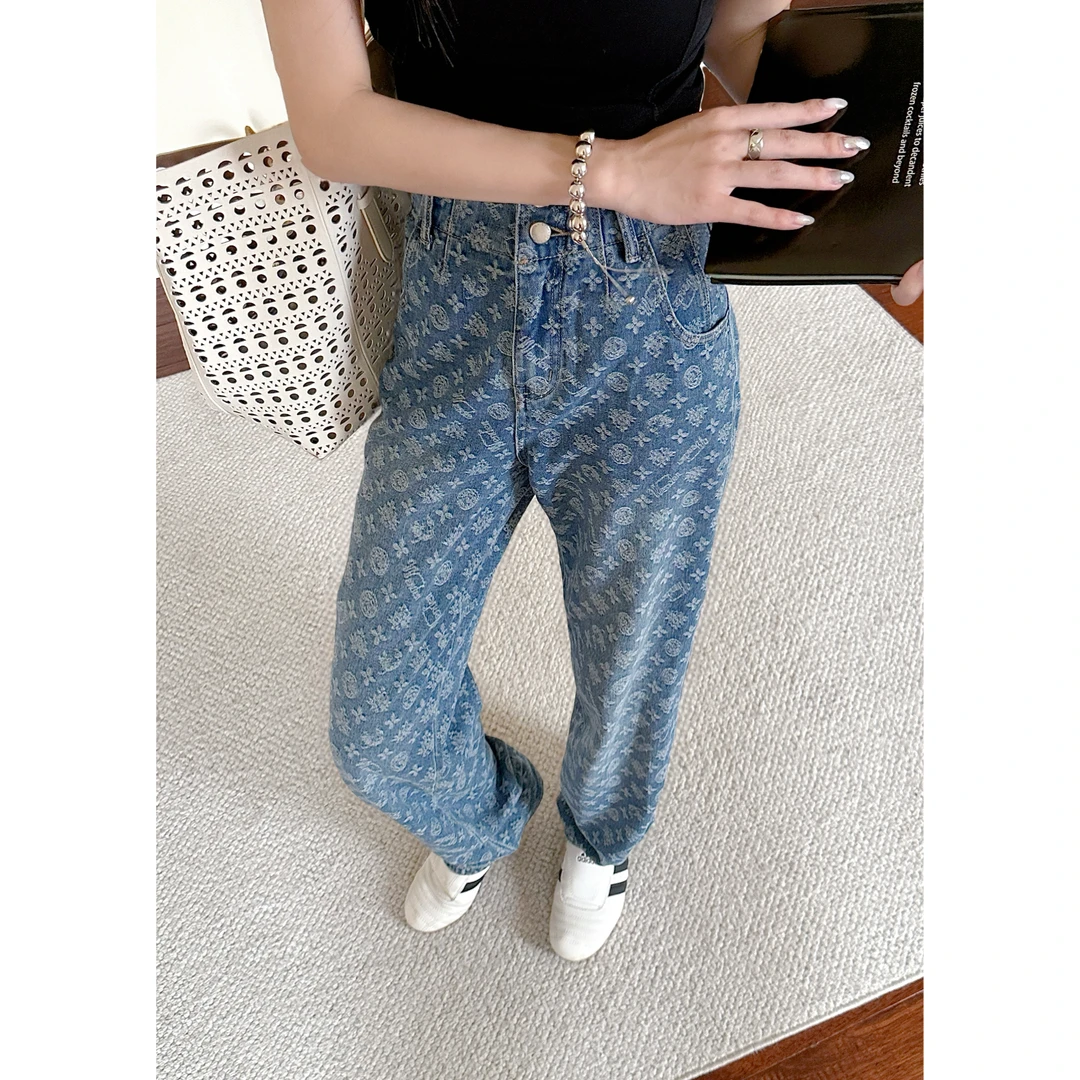 深圳南油/春夏薄款棉混纺订制四叶草提花高腰牛仔宽松直筒裤10003