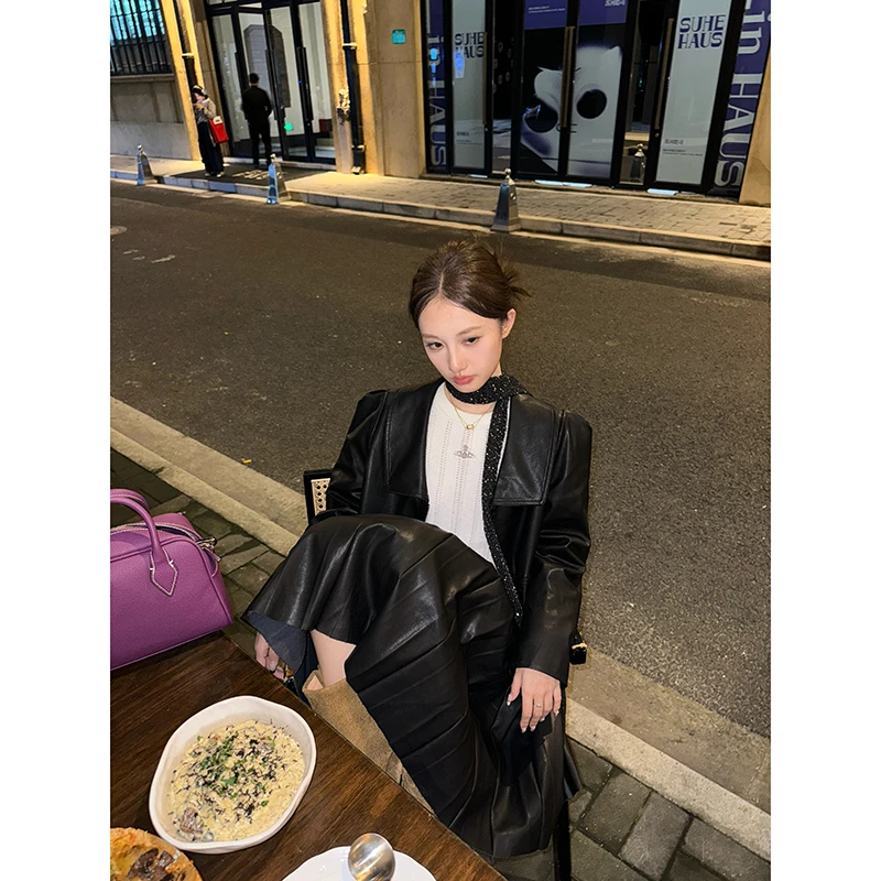 板栗可可Bankelili西奈山少女 甄选PU皮彼得潘领棉服半身裙套装
