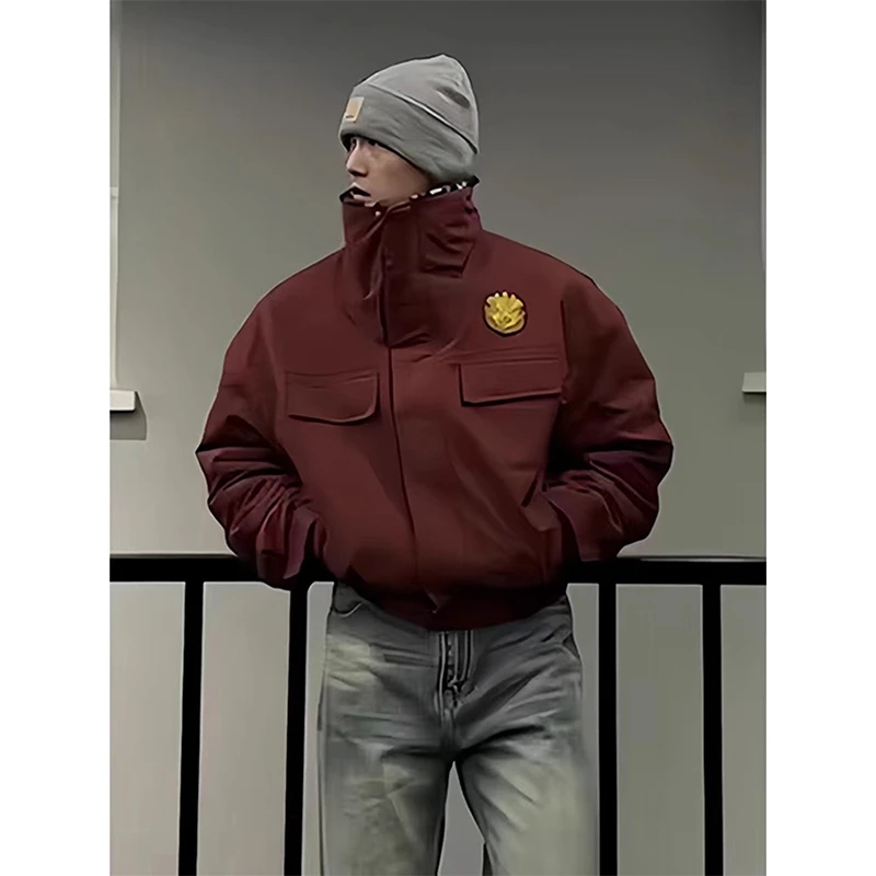 S45美式立领两面穿座山雕棉服外套男秋冬加厚保暖bomber豹纹夹克