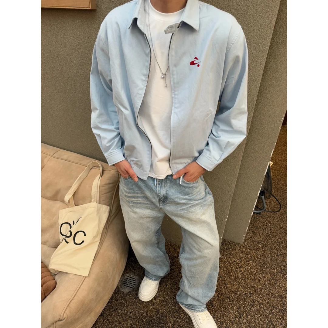 美式蓝色哈灵顿夹克男春秋季潮牌短款工装外套cleanfit高街棒球服