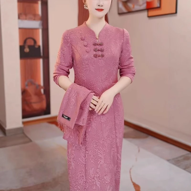 浅粉加绒新款修身显瘦遮肉小个子连衣裙大气H5B286秋冬显白气质