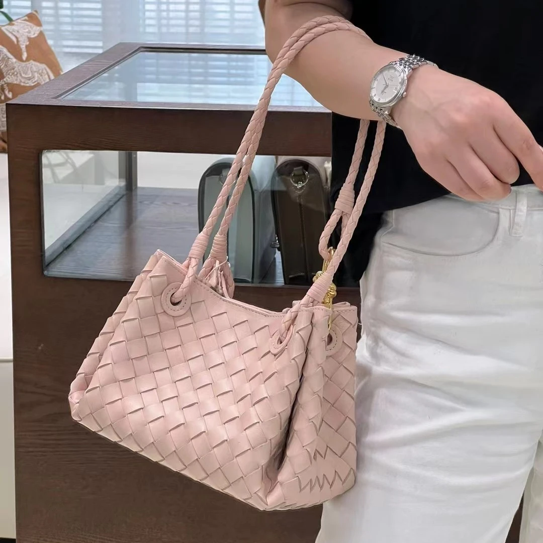 真皮百搭编织菜篮子包女高级感手提降落伞包大容量单肩斜跨水桶包