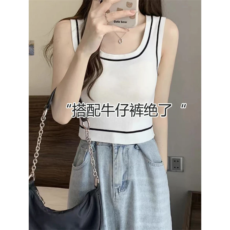 欧货白色吊带背心女内搭2024夏秋新款修身字母短款无袖上衣打底衫