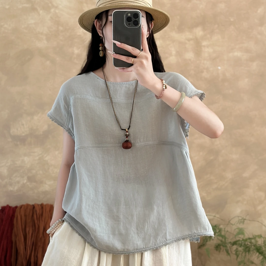 100%汉麻圆领落肩袖百搭衬衣女夏季高级感气质老钱风衬衫小衫宽松