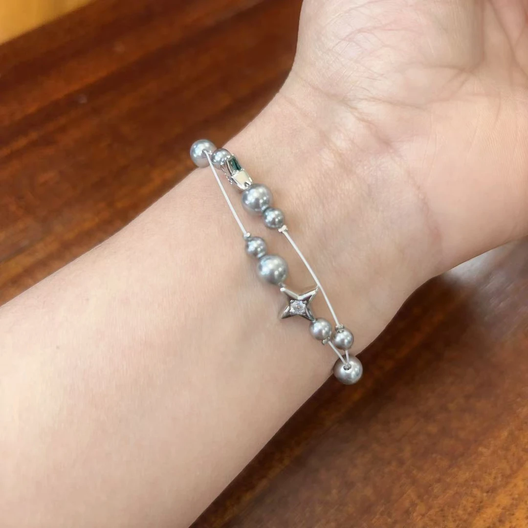 铜合金仿珍珠手链 轻奢破碎星云双层手链h2781