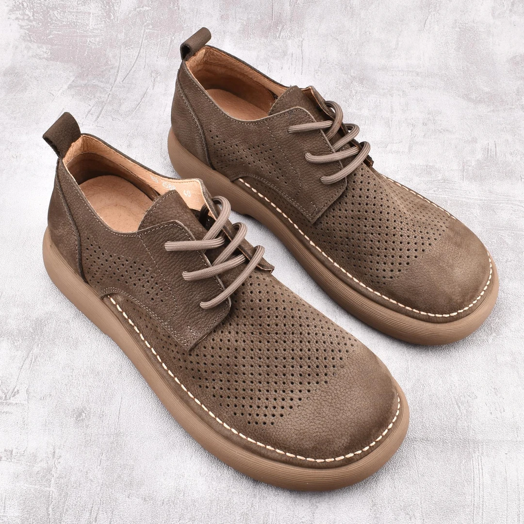 头层牛皮夏季镂空透气复古皮鞋磨砂皮平底软底系带百搭英伦风鞋子