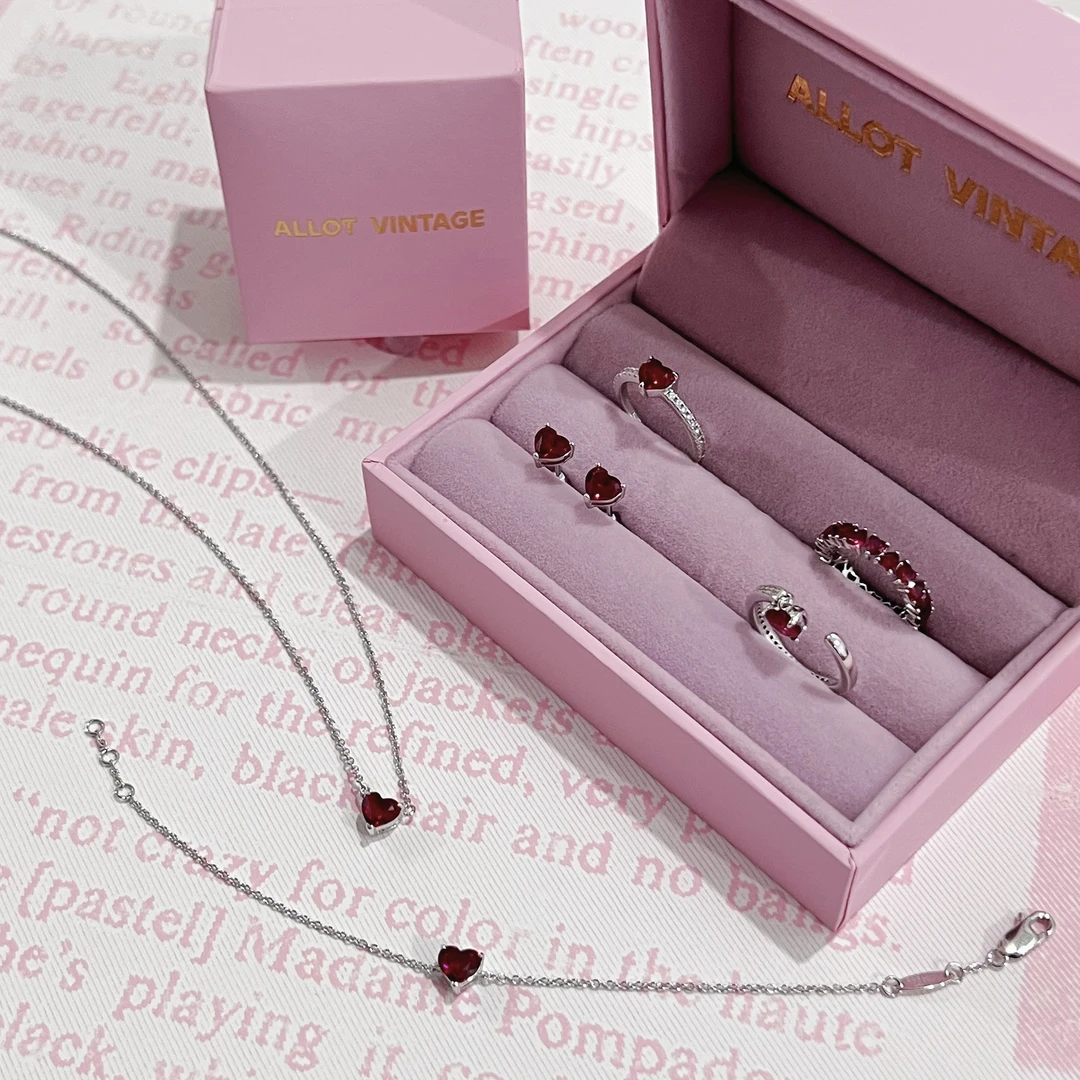 925银锆石戒指 新年红限定迷你系列红色爱心戒指锁骨链手链耳钉