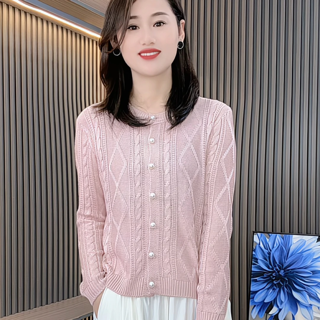 粉色短款针织开衫女秋季新款奶软糯百搭圆领麻花毛衣外套上衣