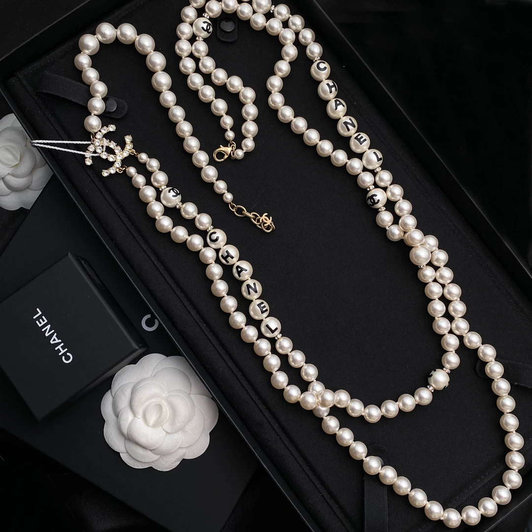 未使用 Chanel/香奈儿 经典双C 黑色字母双层珍珠长款项链 S5118