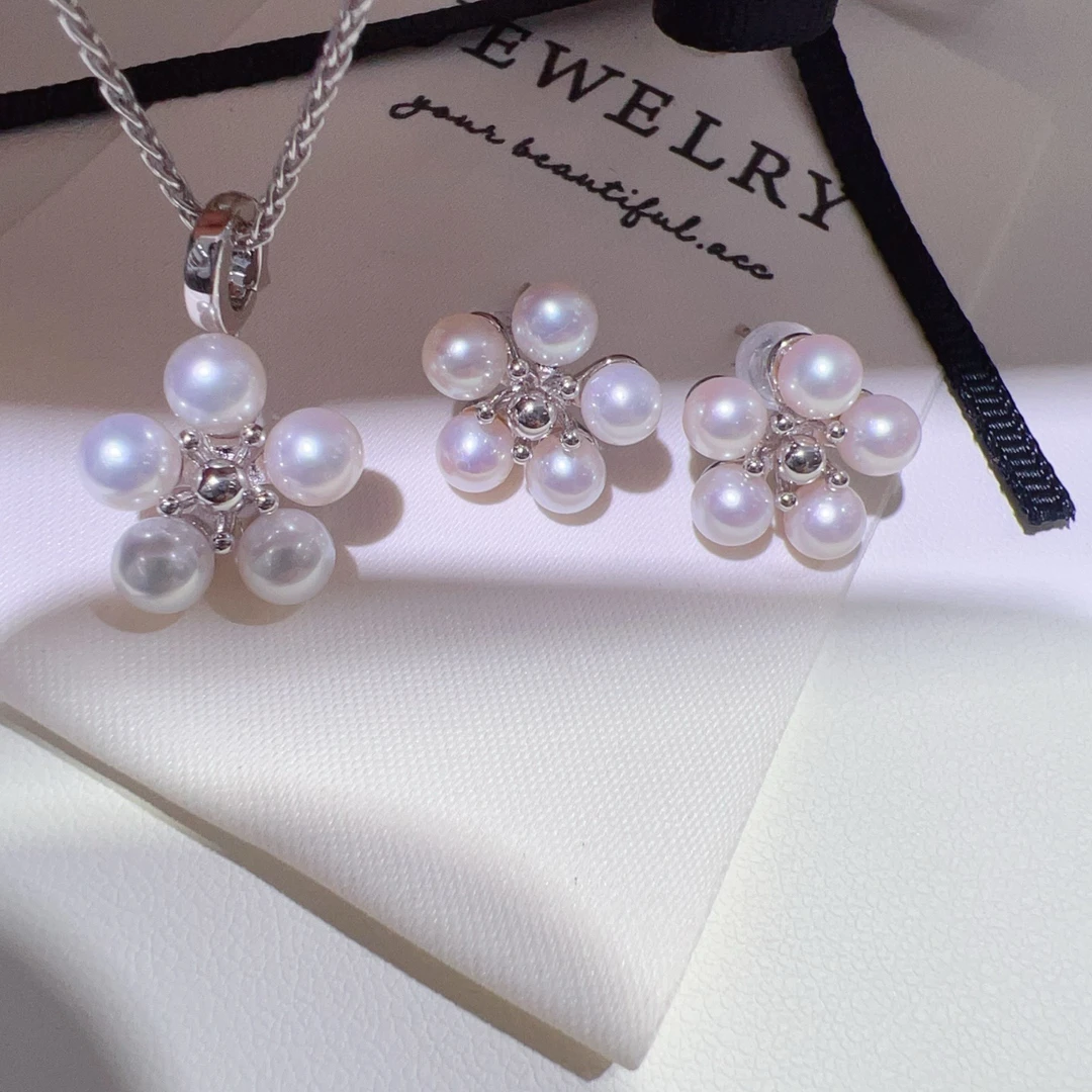 天然淡水珍珠通体银s925镶嵌精工小花珍珠吊坠耳钉高级感百搭女