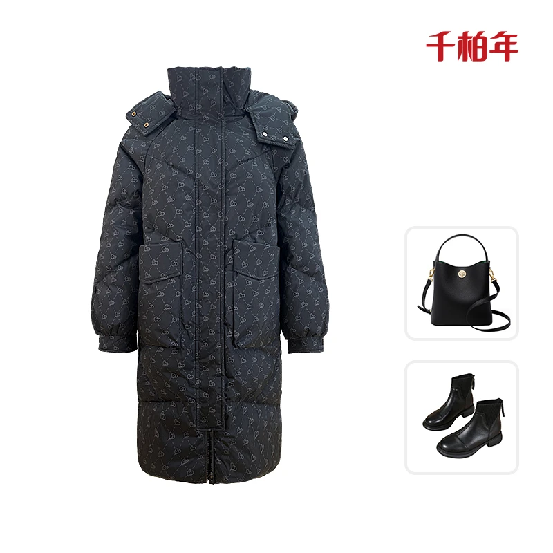 千柏年【爱心羽绒】90白鸭绒长款连帽插肩袖羽绒服-C1187