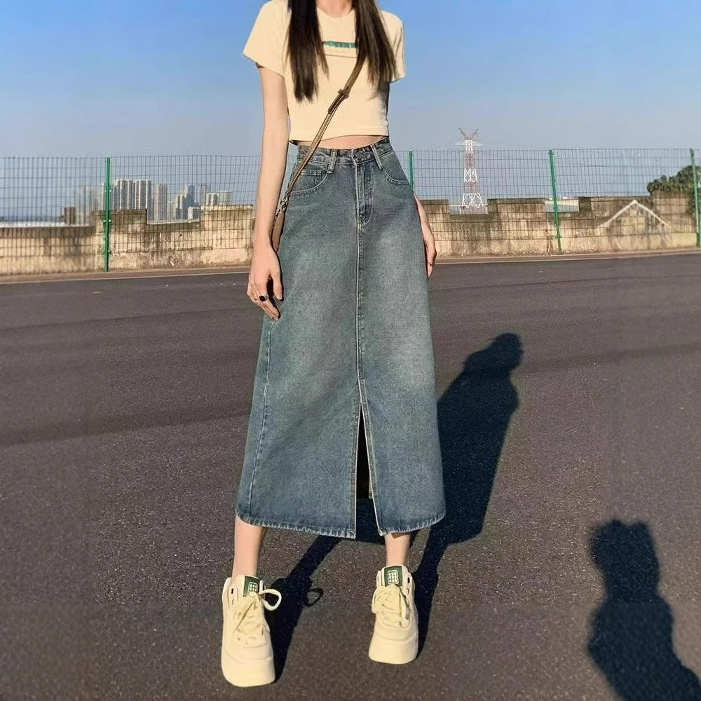 牛仔半身裙女春夏高腰包臀裙2025新款复古直筒宽松a字中长款半裙