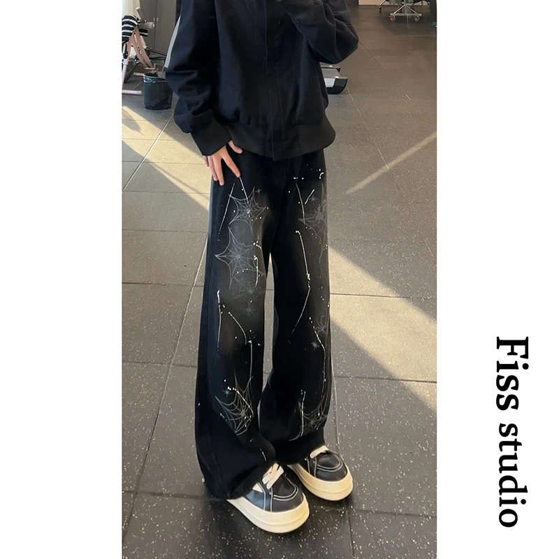 美式复古水洗做旧阔腿牛仔裤男泼墨设计感休闲宽松直筒长裤子