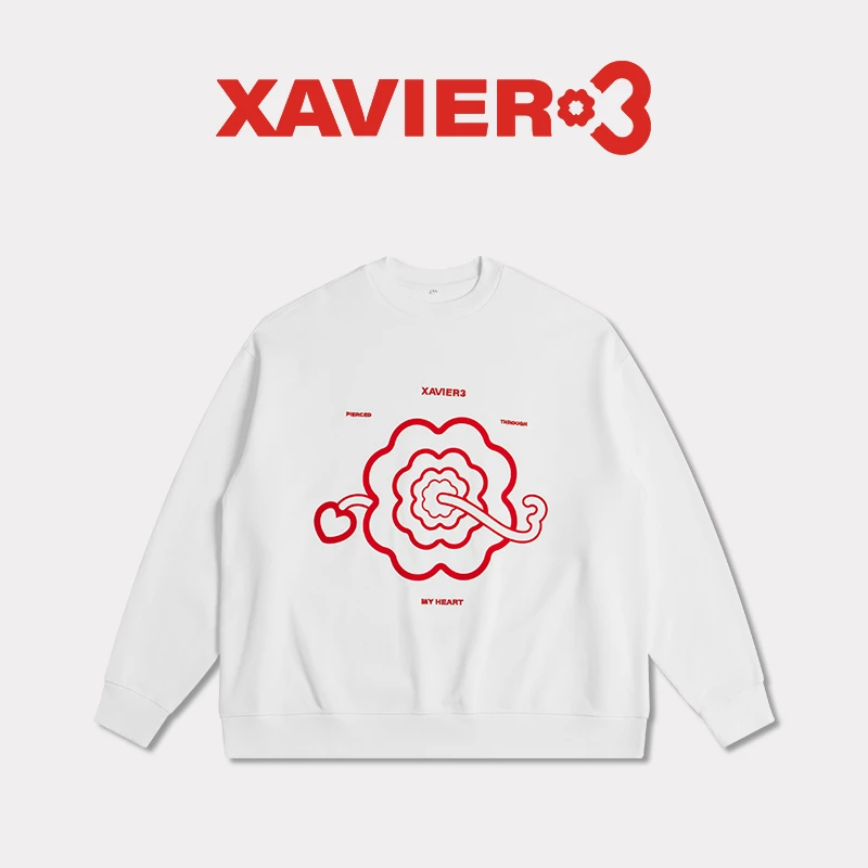 Xavier3加一二三长袖圆领卫衣男女款百搭简约套头刺绣秋宽松上衣