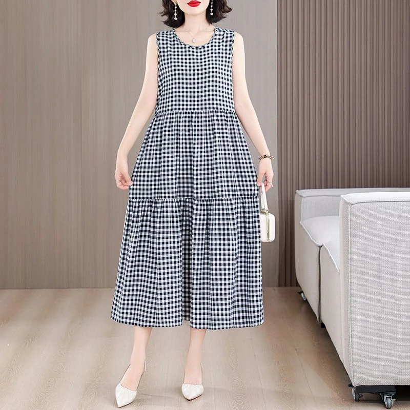 棉绸无袖连衣裙女夏季新款时尚外穿宽松大码气质妈妈装背心长裙子