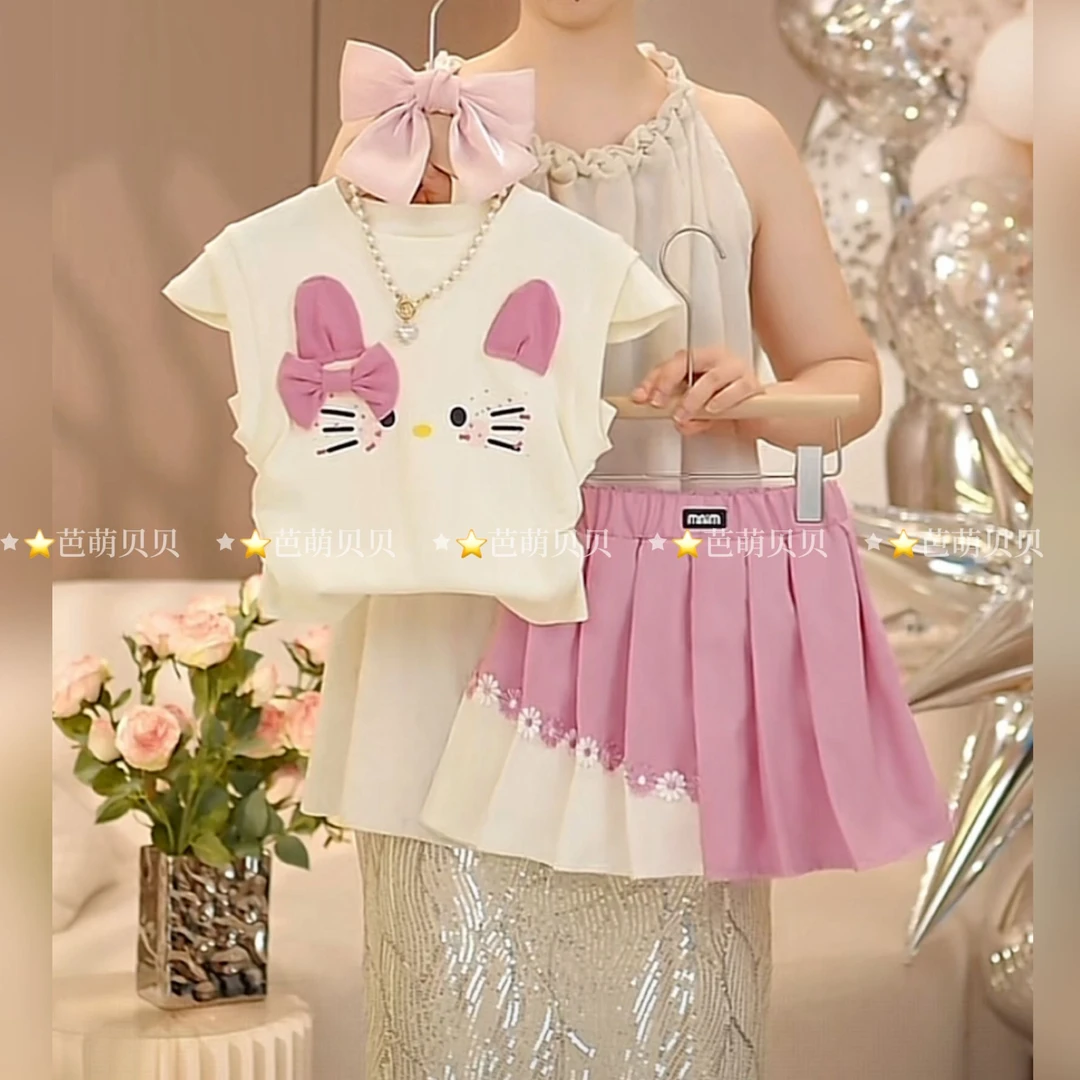 女童2025薄款纯色常规卡通动漫夏季套装洋气韩版童装百褶