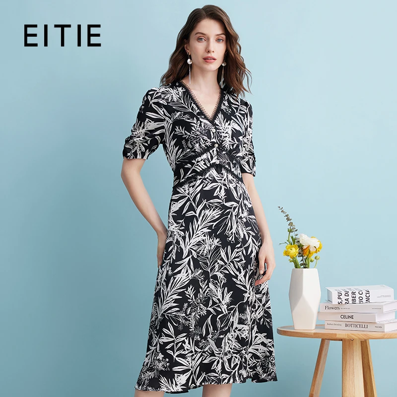 EITIE爱特爱夏款V领蕾丝显瘦高腰舒适法式印花复古连衣裙7407118