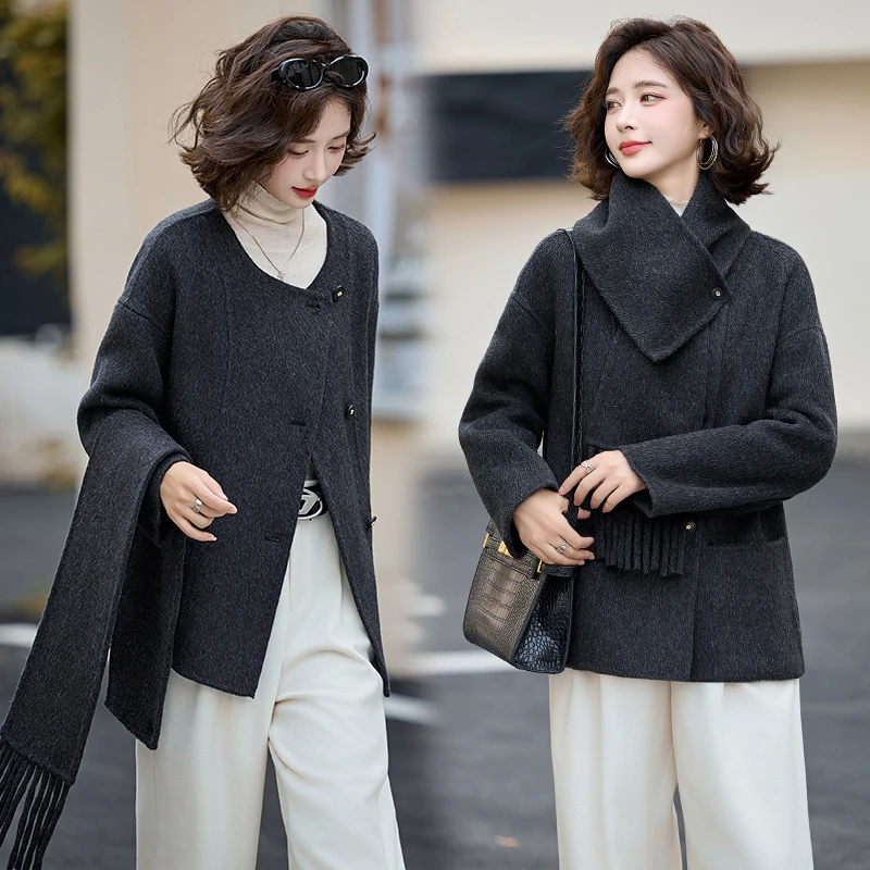 双面羊毛大衣女西装秋冬季新款时尚围脖宽松短款洋气呢子羊绒外套