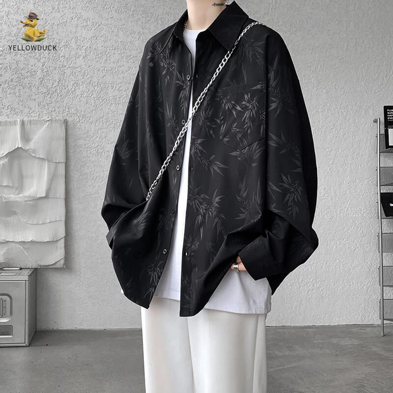 竹叶暗纹重磅黑色衬衫男士春夏季25年新款大码爆款美式设计感外套