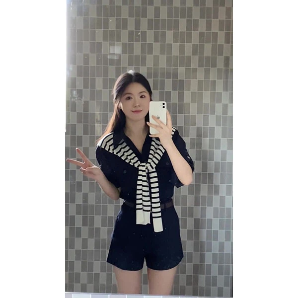 2025夏季新款洋气宽松条纹披肩+气质通勤衬衫+短裤时尚三件套女