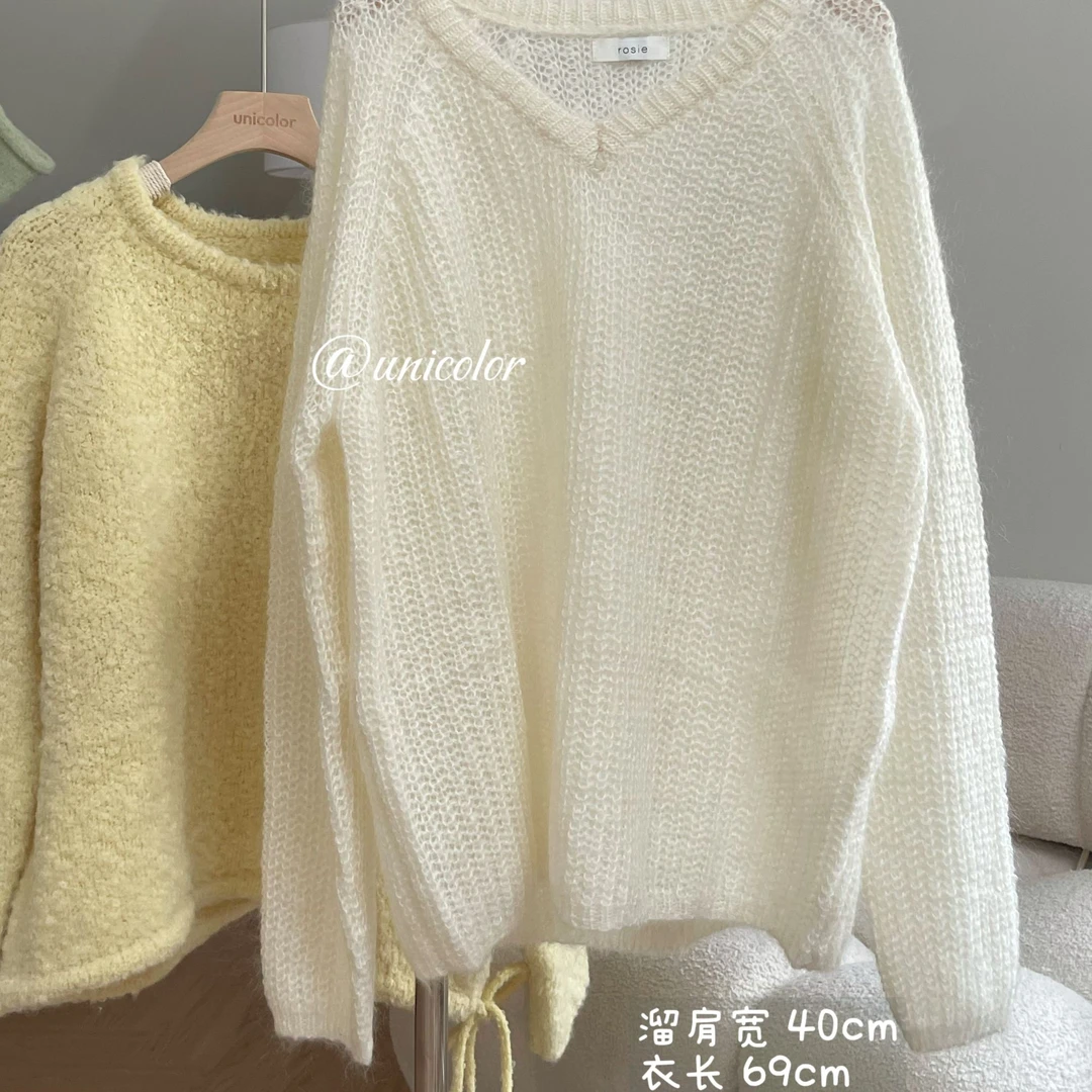 新品白色镂空v领毛衣