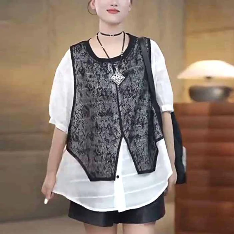 韩版拼接蕾丝半袖衬衫女夏设计感宽松显瘦时尚减龄小众假两件上衣