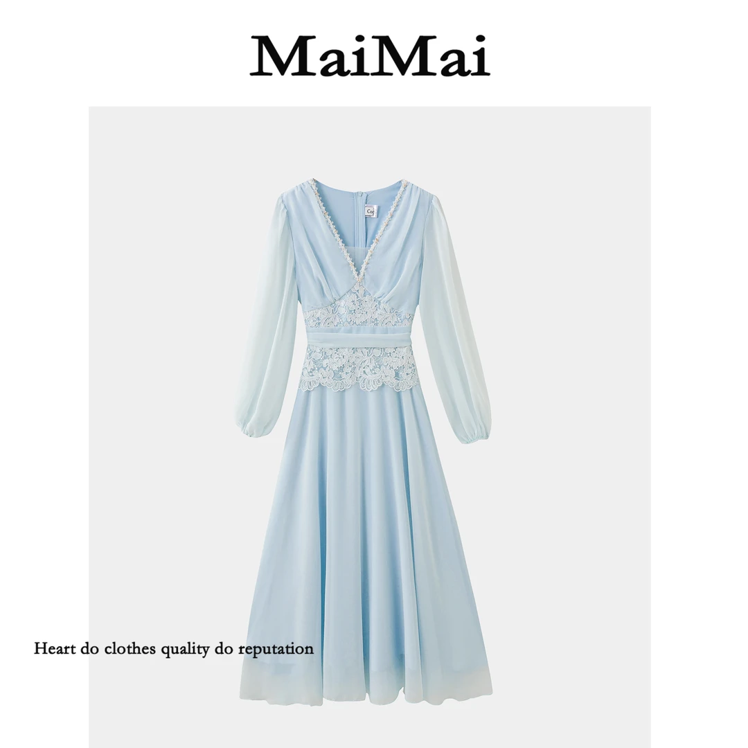 【琼浆碧瑶】Mai Mai◆A字裙V领蕾丝中长款常规连衣裙2025早秋薄款
