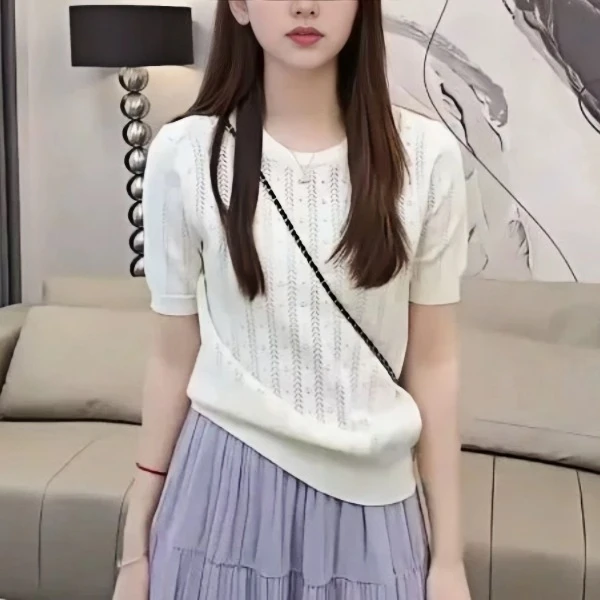 圆领针织衫短袖女夏季薄款时尚百搭韩系洋气上衣小香风搭裙子T恤