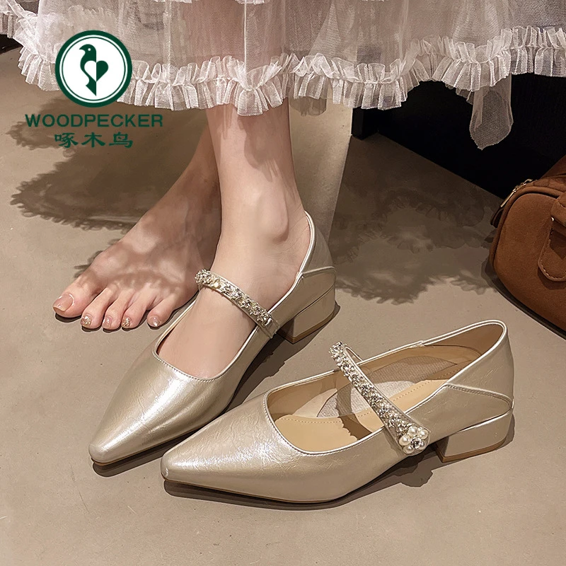 啄木鸟法式水钻一字带粗跟单鞋女绝美配裙子百搭尖头浅口玛丽珍鞋