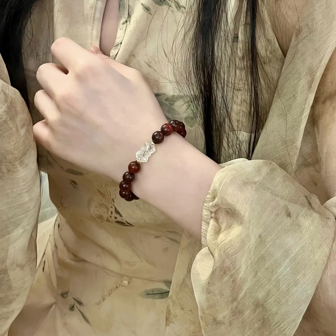 小叶紫檀搭配白水晶并蒂莲单圈佛珠手串女木质檀香文玩佛珠手链