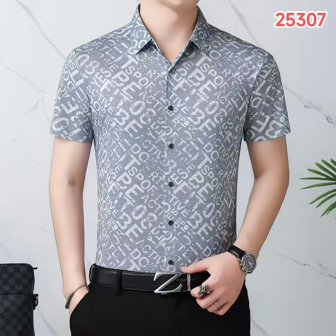 新款男士夏季短袖衬衫时尚印花亚麻材质舒适透气